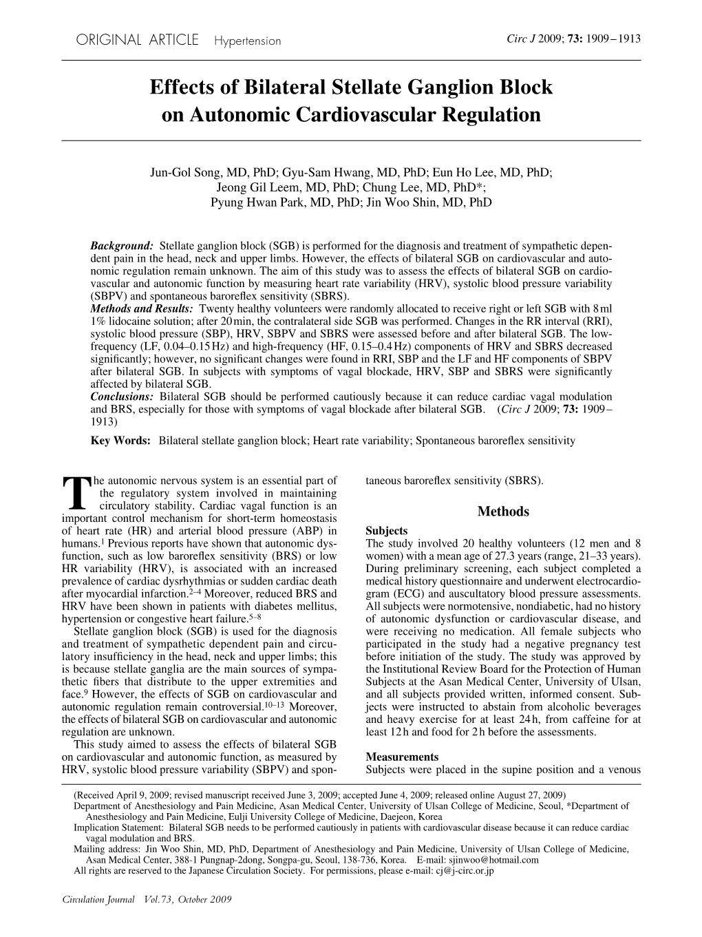 Effects of Bilateral Stellate Ganglion Block on Autonomic Cardiovascular Regulation