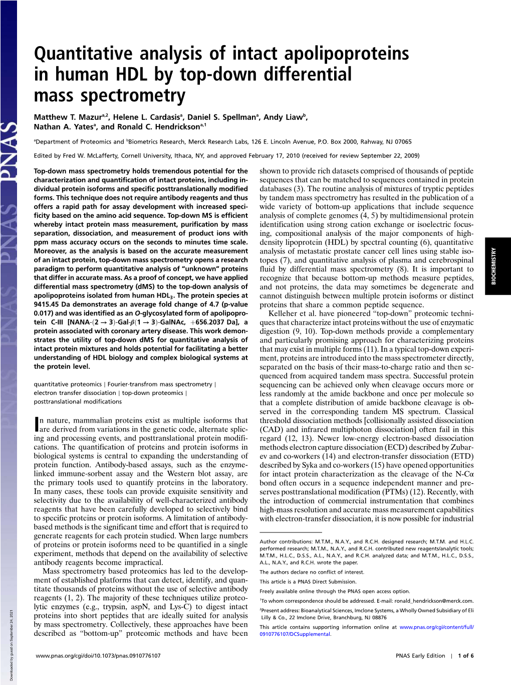 Quantitative Analysis of Intact Apolipoproteins in Human HDL by Top-Down Differential Mass Spectrometry