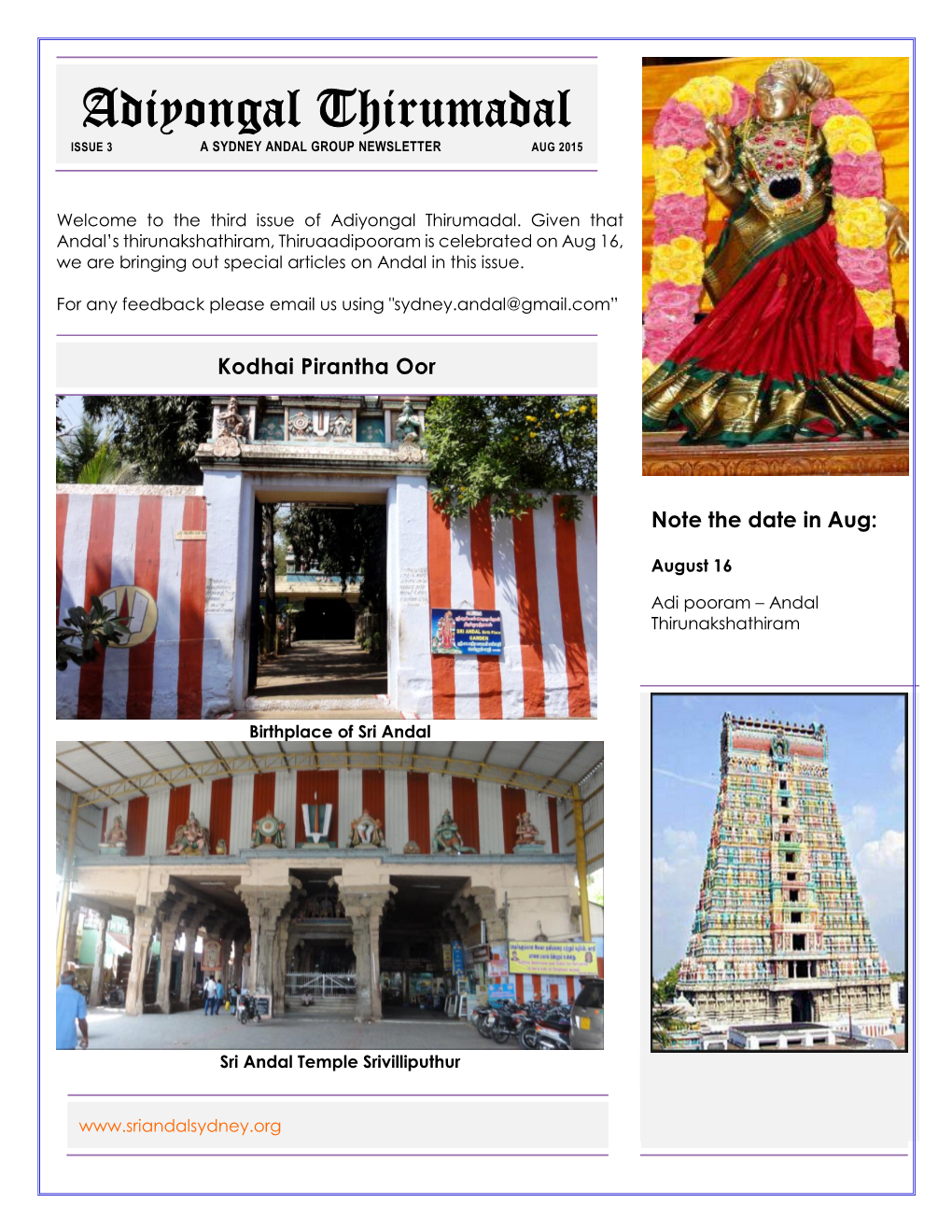 Adiyongal Thirumadal ISSUE 3 a SYDNEY ANDAL GROUP NEWSLETTER AUG 2015