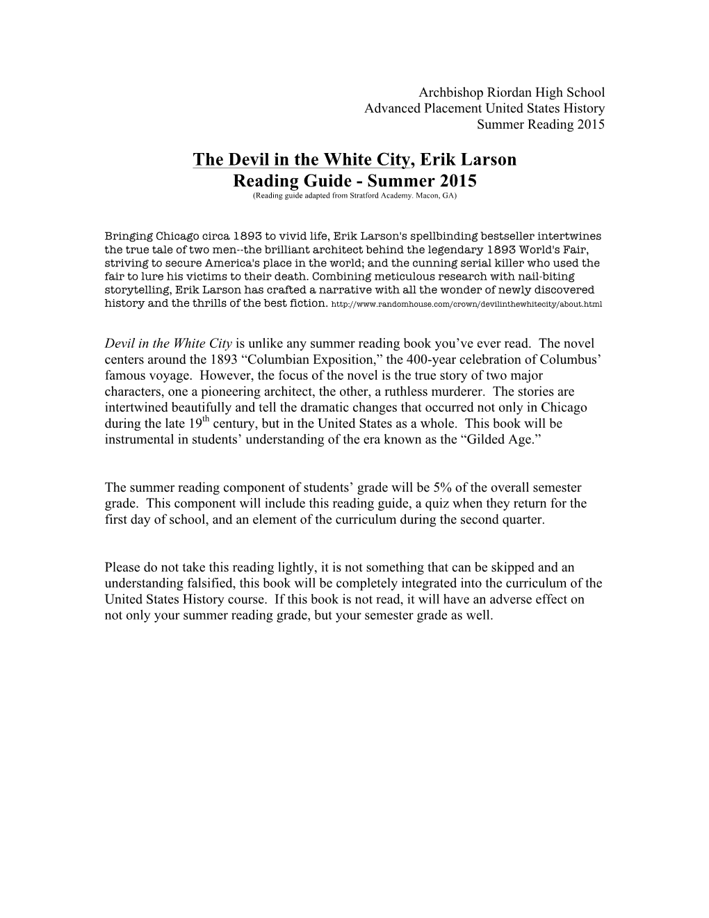 The Devil in the White City, Erik Larson Reading Guide - Summer 2015 (Reading Guide Adapted from Stratford Academy