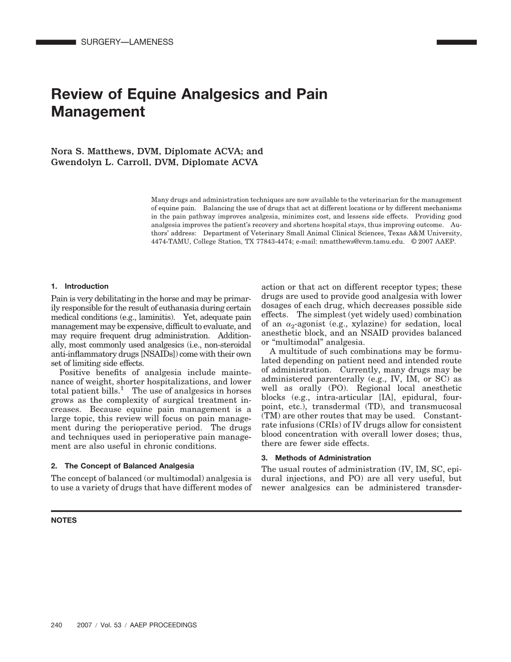 Review of Equine Analgesics and Pain Management