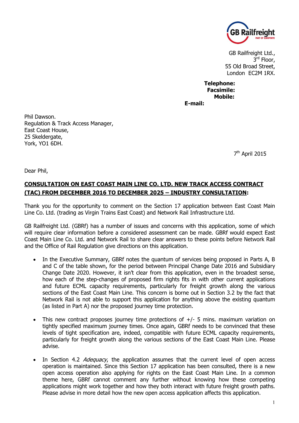 East Coast Mainline Company Ltd Section 22 a Consultation GB