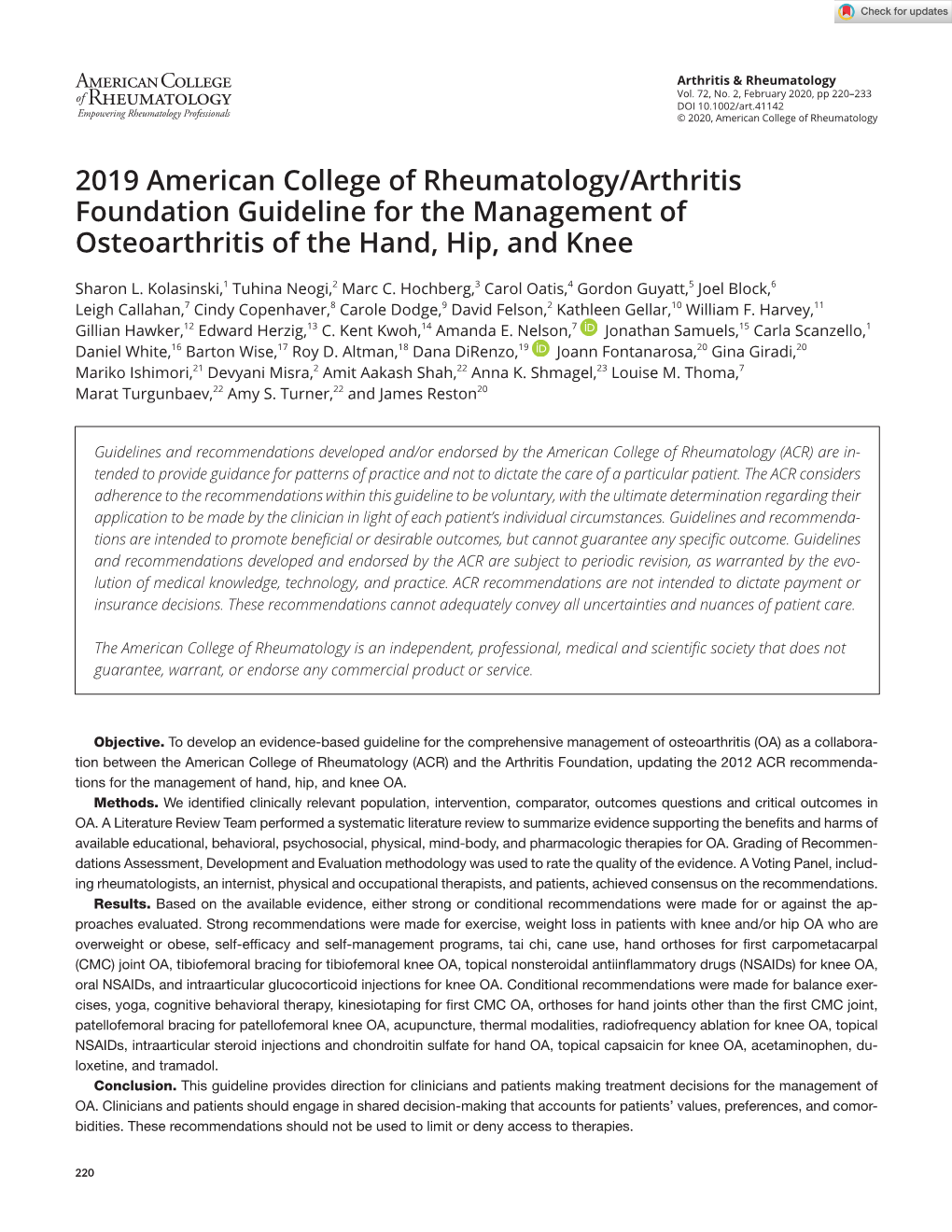 2019 American College of Rheumatology/Arthritis Foundation Guideline for the Management of Osteoarthritis of the Hand, Hip, and Knee