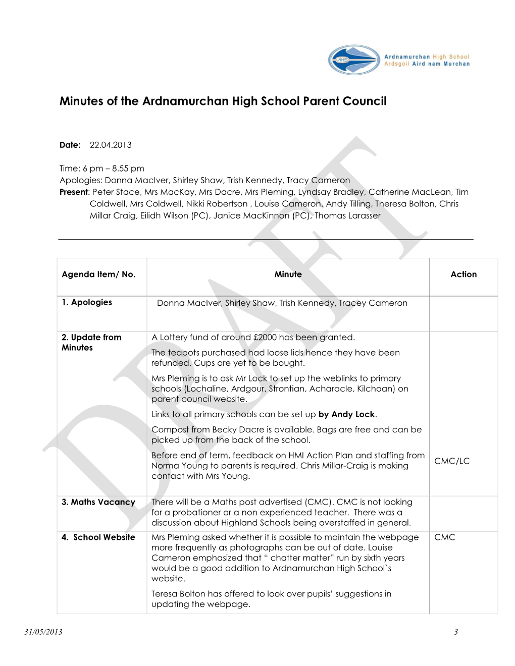 Minutes of the Ardnamurchan High School Parent Council