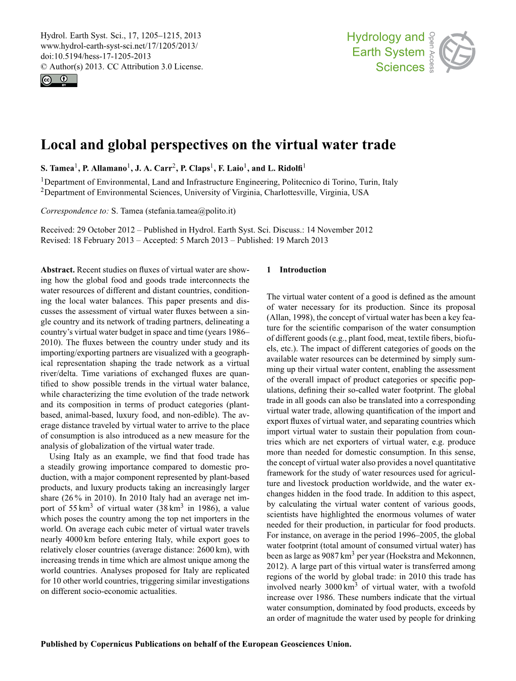 Local and Global Perspectives on the Virtual Water Trade Open Access Open Access S
