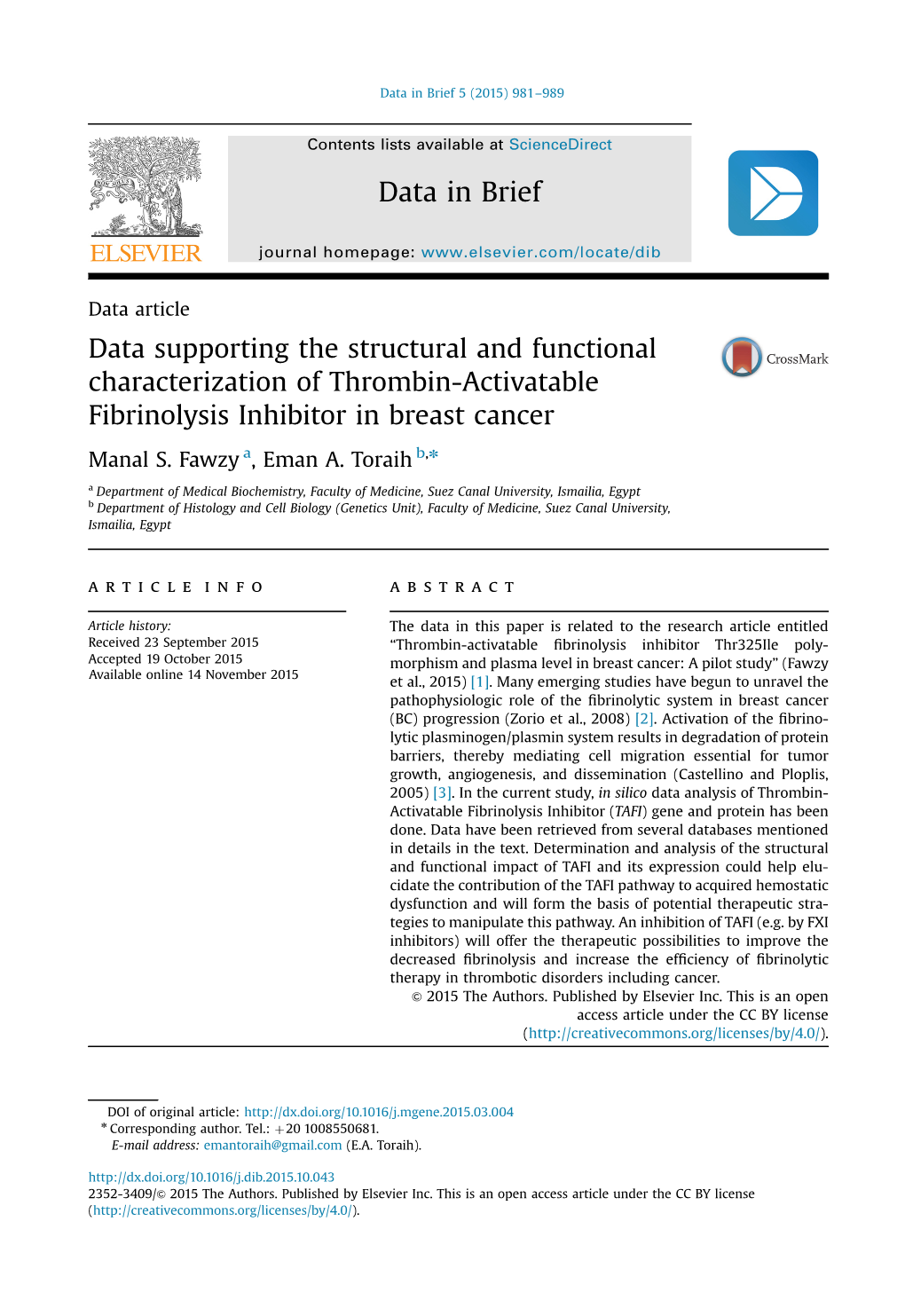 Data Supporting the Structural and Functional Characterization of Thrombin‐Activatable Fibrinolysis Inhibitor in Breast Cancer