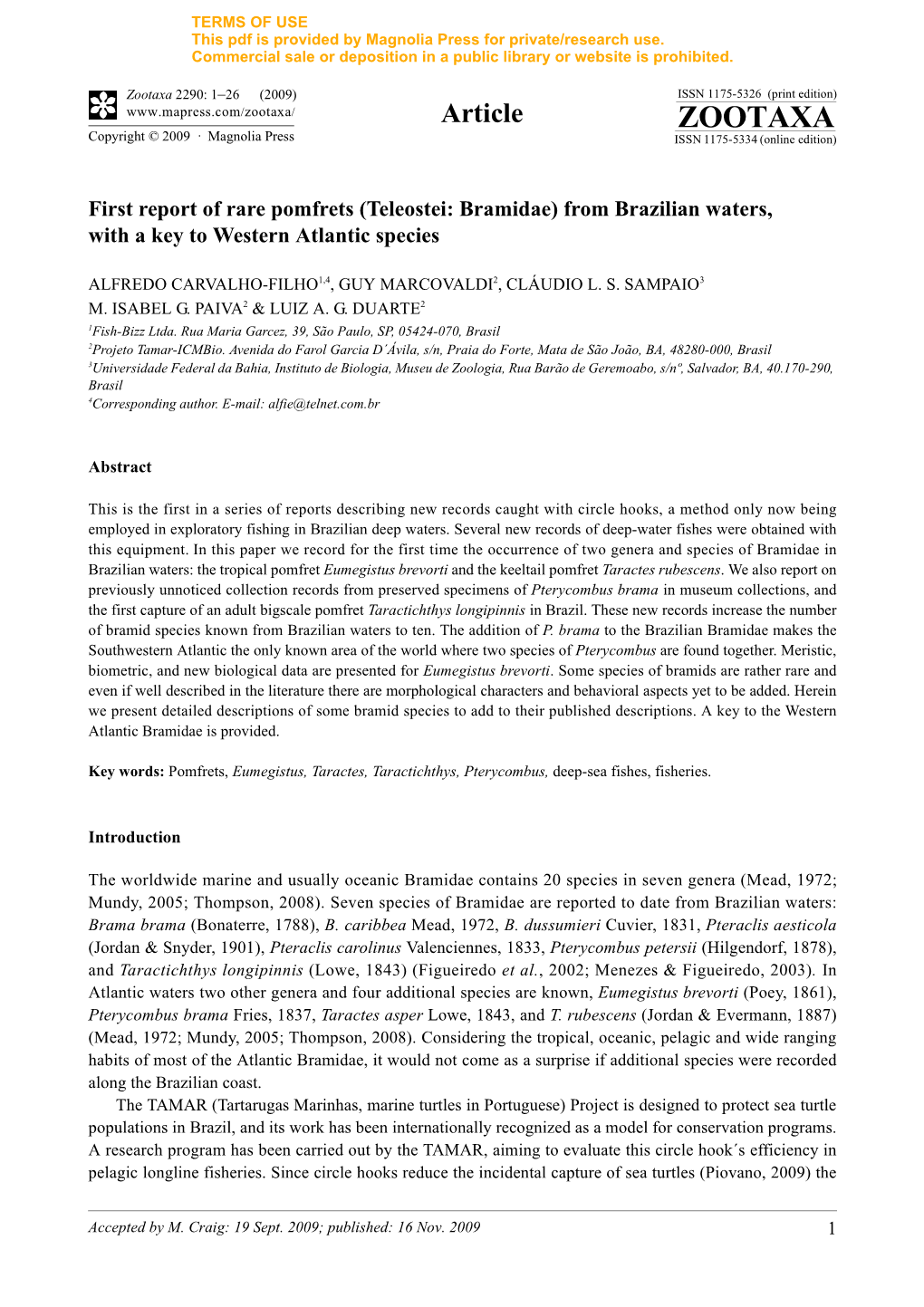 Zootaxa, First Report of Rare Pomfrets (Teleostei