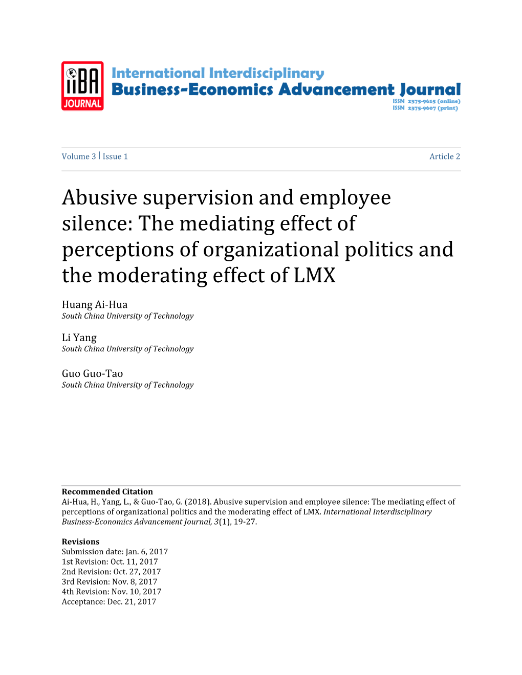 Abusive Supervision and Employee Silence: the Mediating Effect of Perceptions of Organizational Politics and the Moderating Effect of LMX