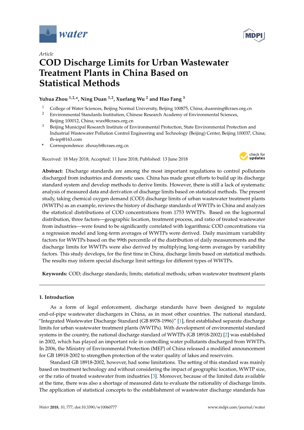 COD Discharge Limits for Urban Wastewater Treatment Plants in China Based on Statistical Methods