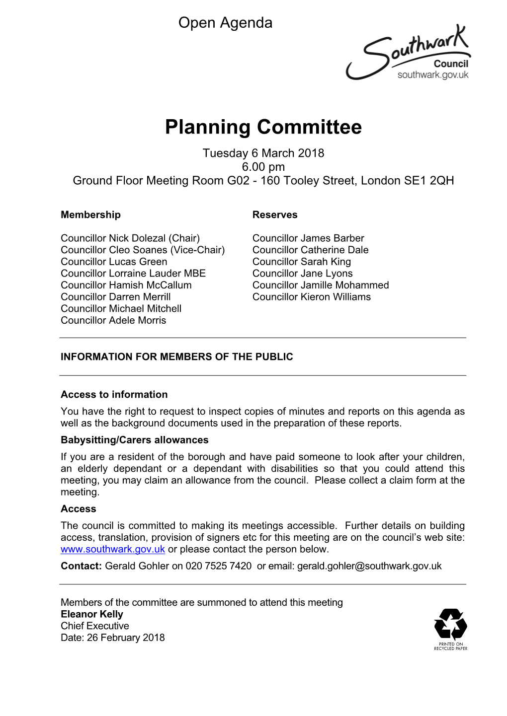 Planning Committee Tuesday 6 March 2018 6.00 Pm Ground Floor Meeting Room G02 - 160 Tooley Street, London SE1 2QH