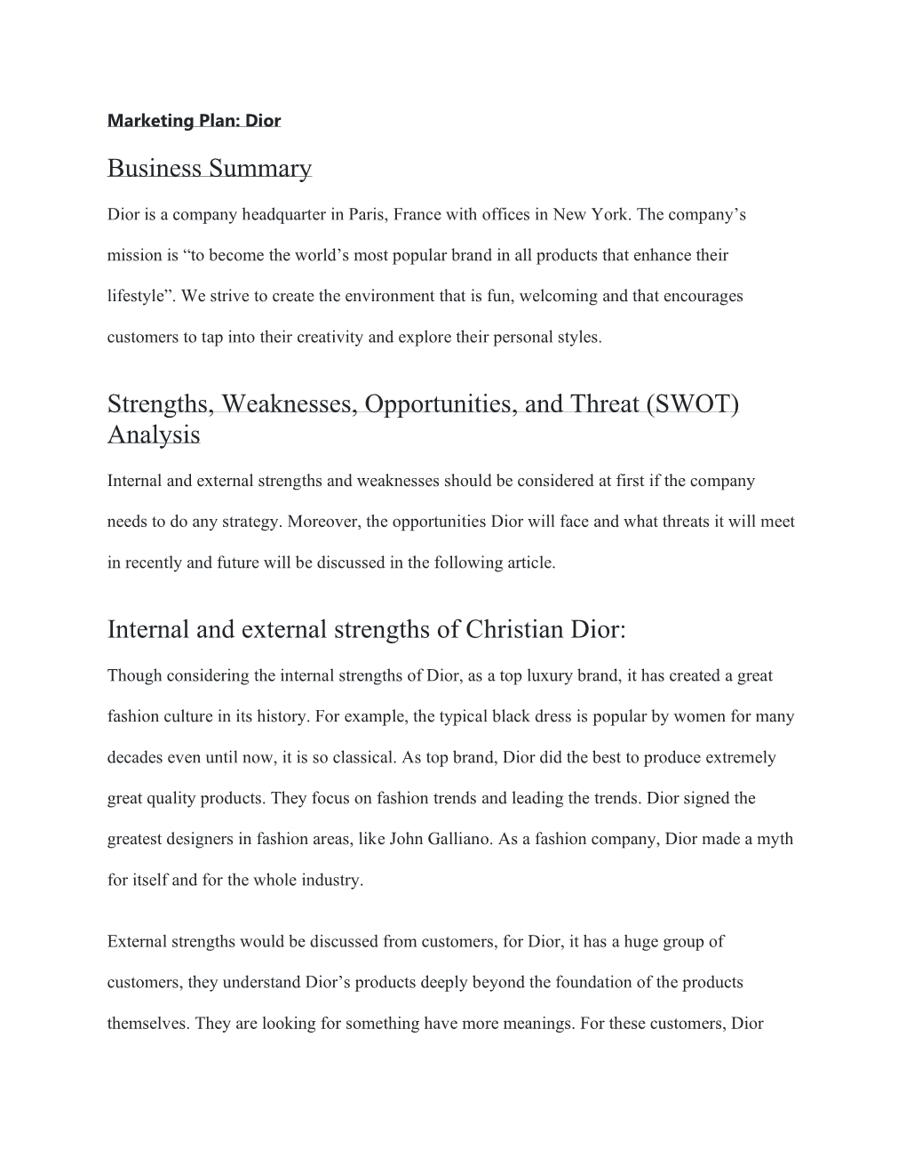 (SWOT) Analysis Internal and External Strengths of Christian D