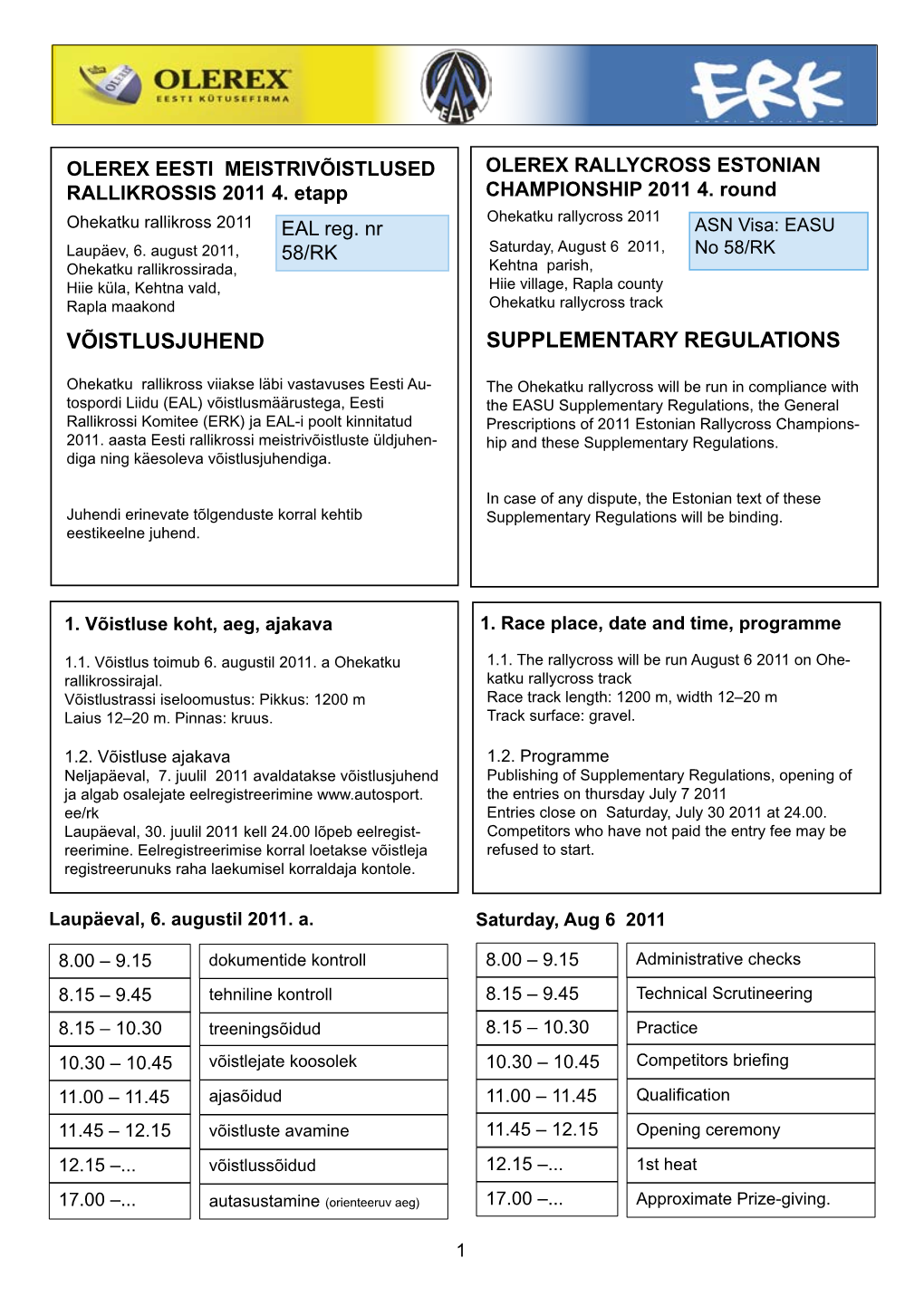 Võistlusjuhend Supplementary Regulations