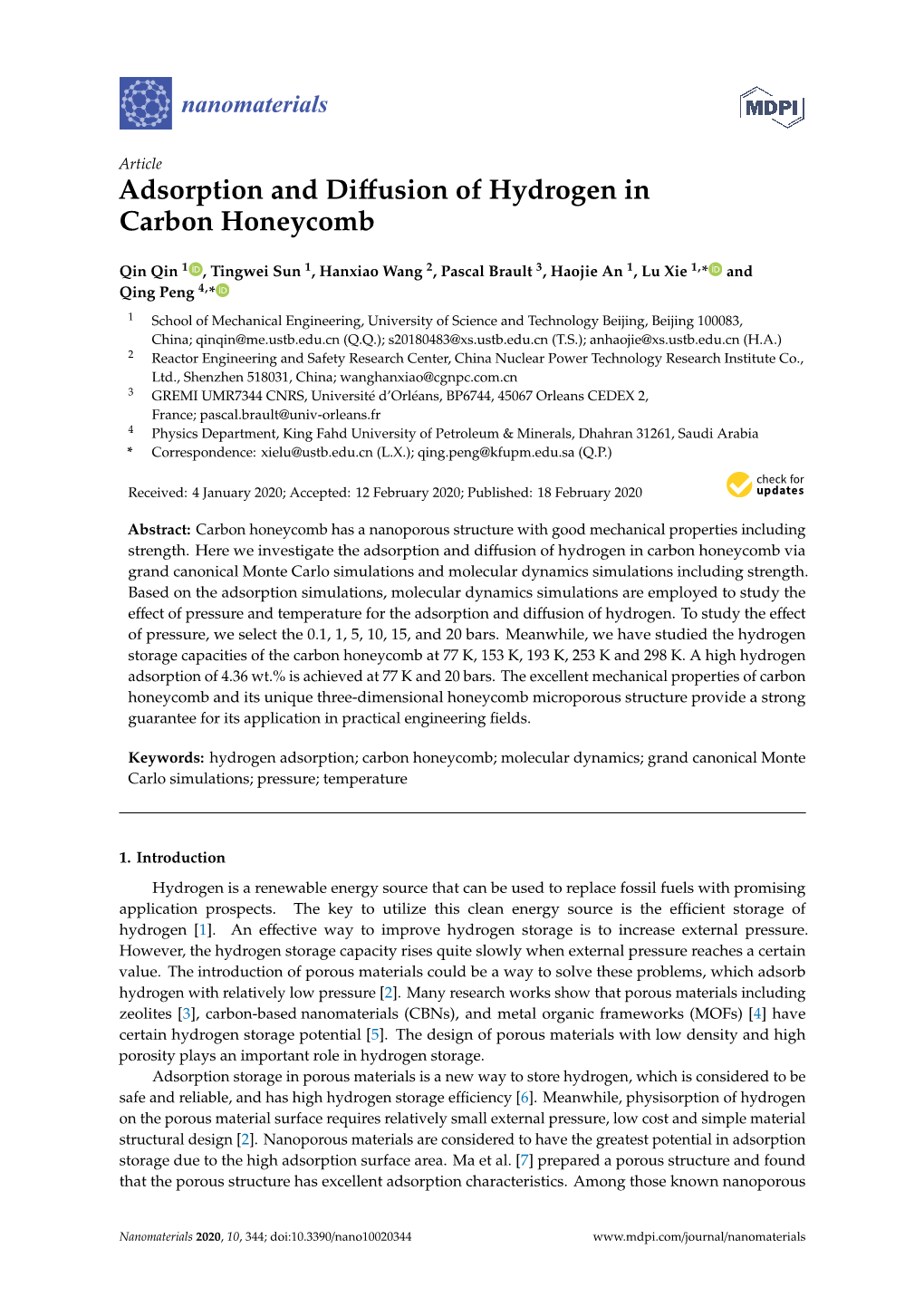 Adsorption and Diffusion of Hydrogen in Carbon Honeycomb