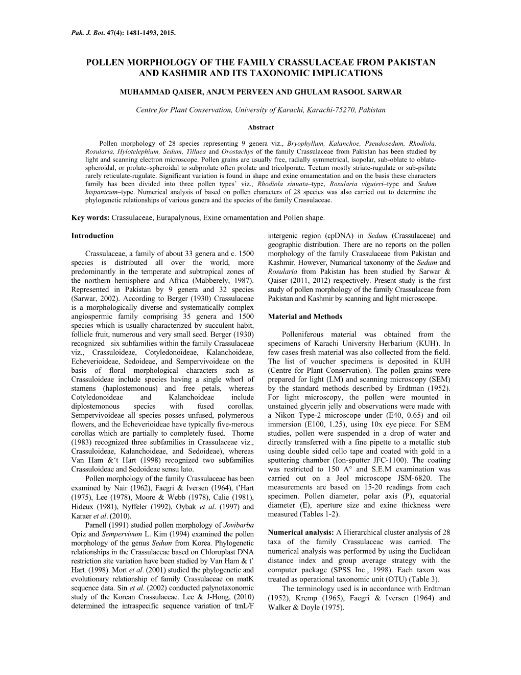 Pollen Morphology of the Family Crassulaceae from Pakistan and Kashmir and Its Taxonomic Implications