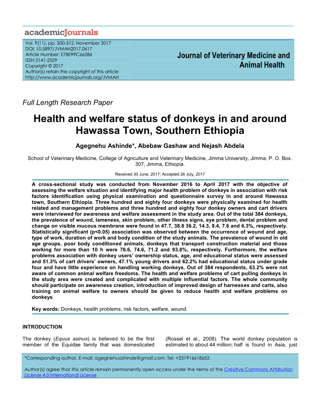 Health and Welfare Status of Donkeys in and Around Hawassa Town, Southern Ethiopia