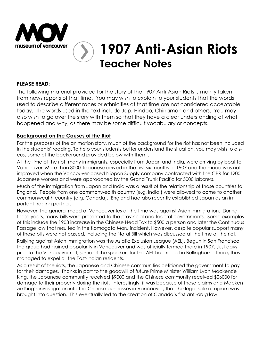 1907 Anti-Asian Riots Teacher Notes