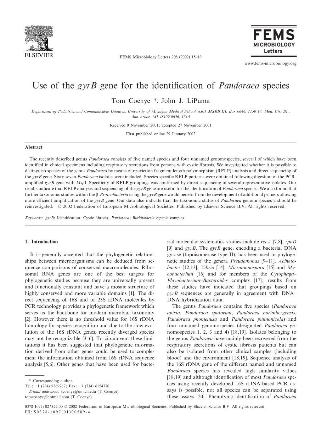 Use of the Gyrb Gene for the Identification of Pandoraea Species