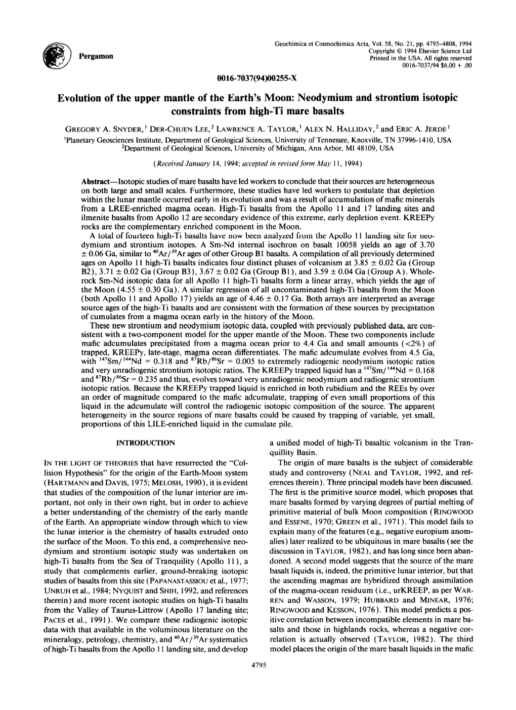 Evolution of the Upper Mantle of the Earth's Moon: Neodymium And