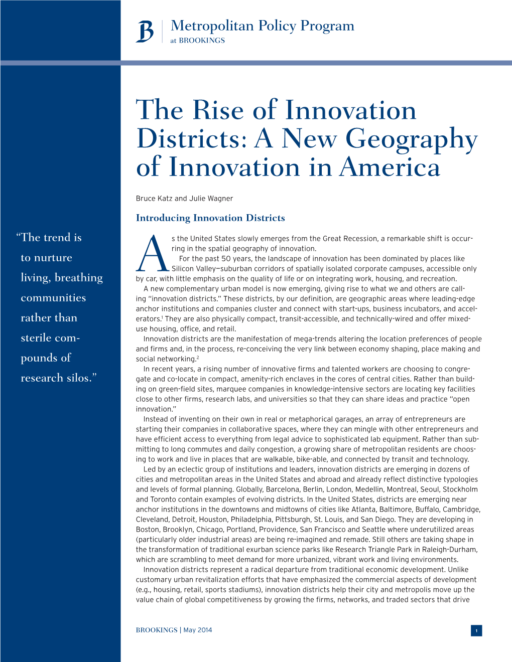 The Rise of Innovation Districts: a New Geography of Innovation in America