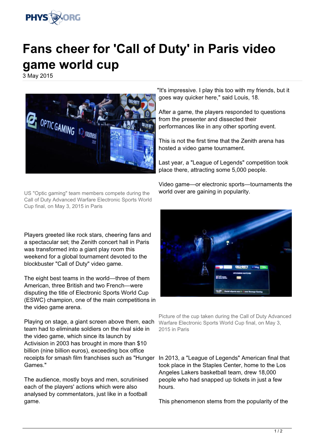 Fans Cheer for 'Call of Duty' in Paris Video Game World Cup 3 May 2015