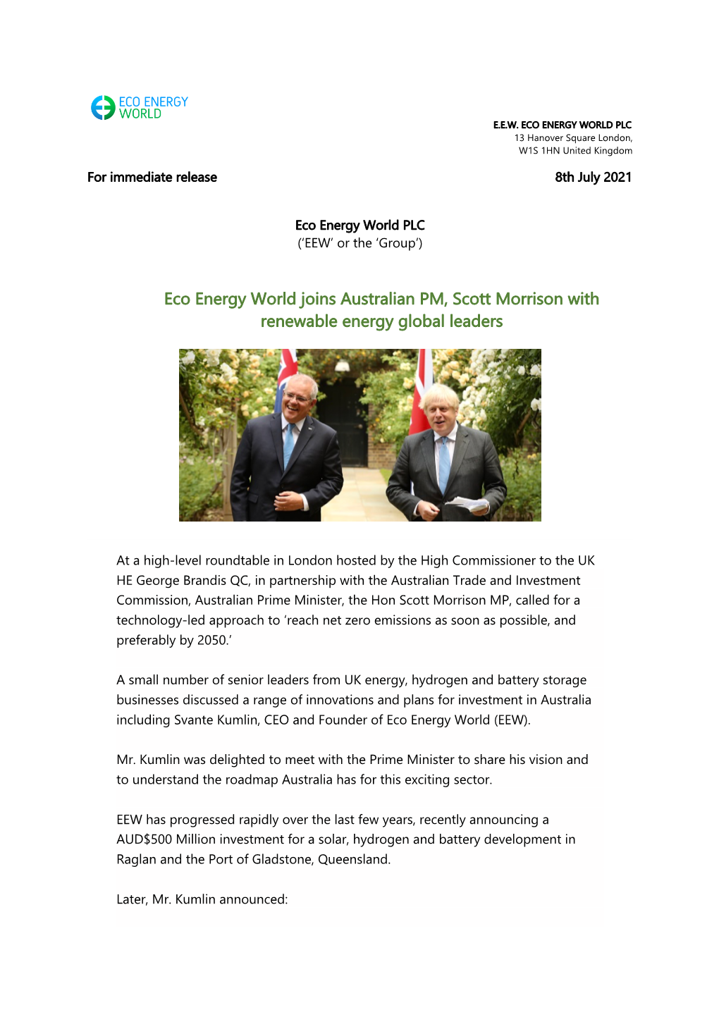 EEW Joins Australian PM Scott Morrison with Renewable Energy