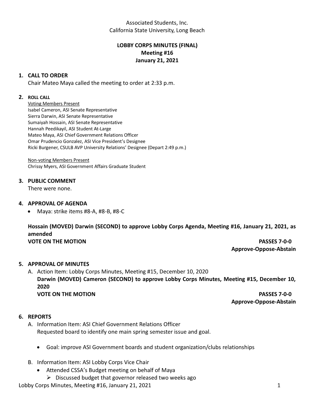 Lobby Corps Minutes, Meeting #16, January 21, 2021 1 Associated