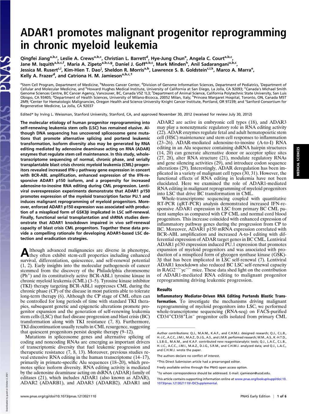 ADAR1 Promotes Malignant Progenitor Reprogramming in Chronic Myeloid Leukemia