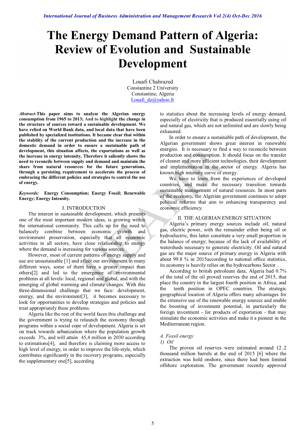 The Energy Demand Pattern of Algeria: Review of Evolution and Sustainable Development