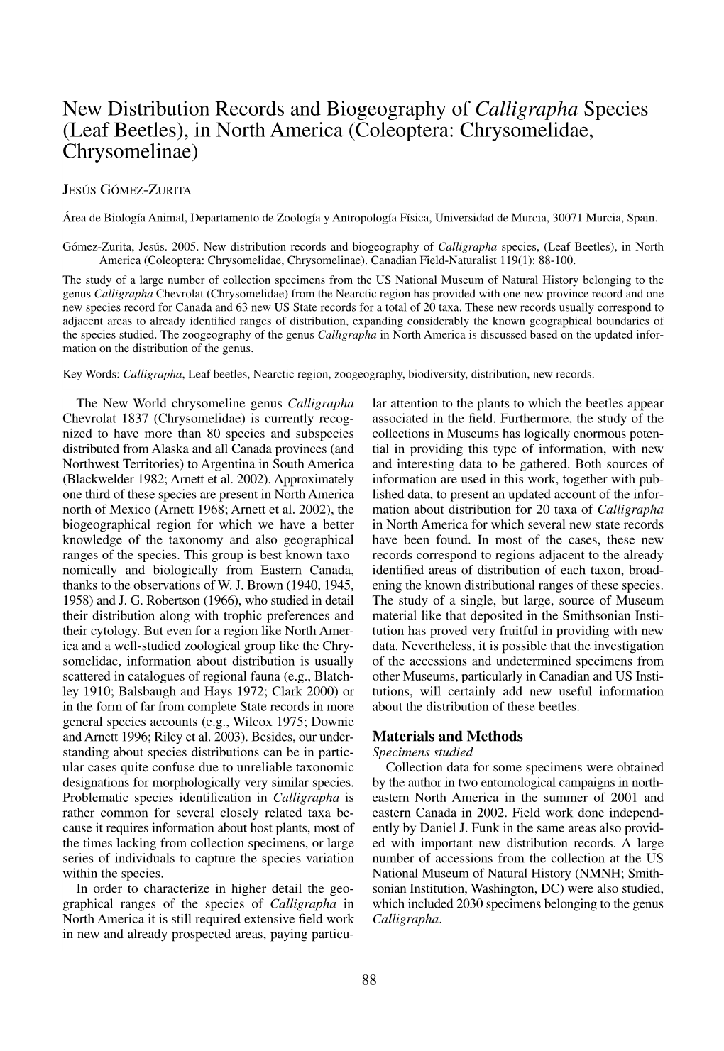 New Distribution Records and Biogeography of Calligrapha Species (Leaf Beetles), in North America (Coleoptera: Chrysomelidae, Chrysomelinae)