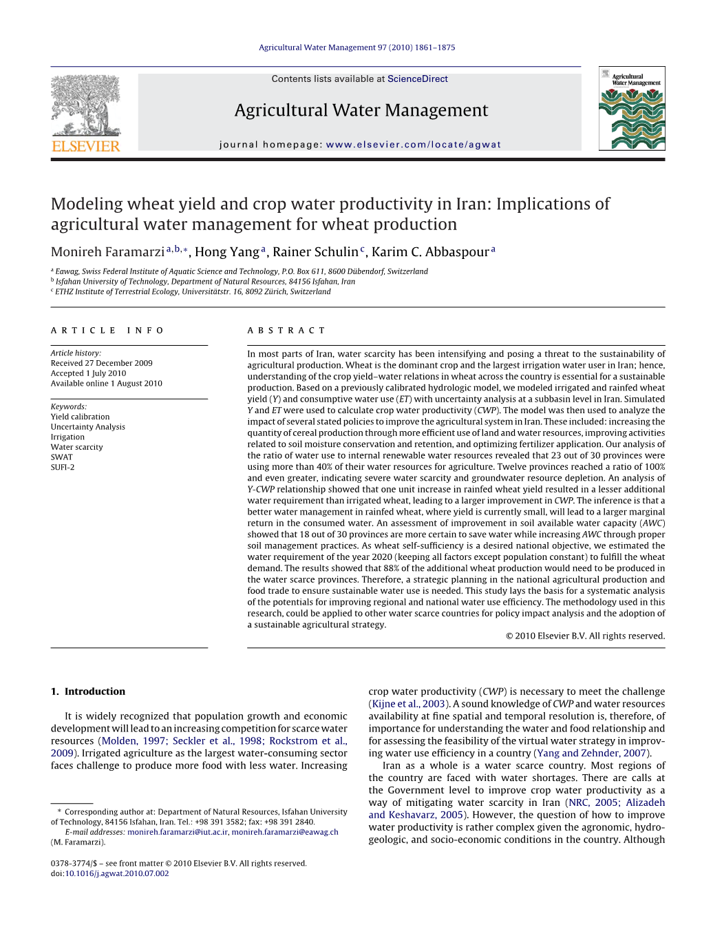 Modeling Wheat Yield and Crop Water Productivity in Iran: Implications of Agricultural Water Management for Wheat Production