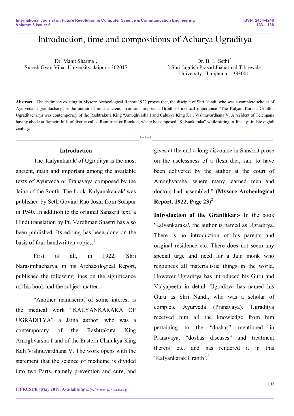 Introduction, Time and Compositions of Acharya Ugraditya