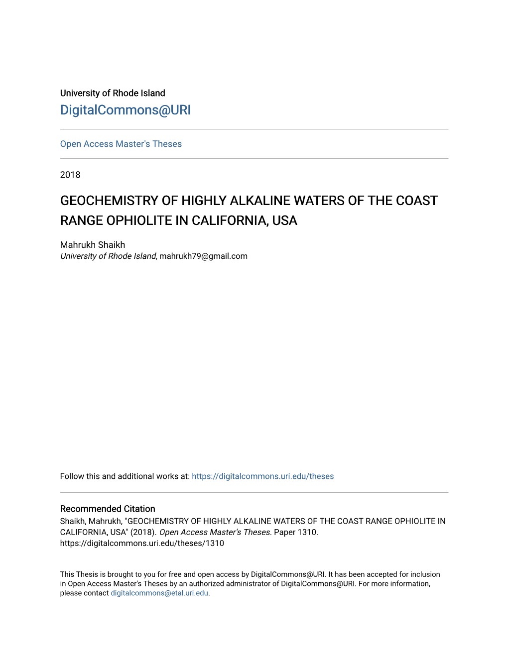 Geochemistry of Highly Alkaline Waters of the Coast Range Ophiolite in California, Usa