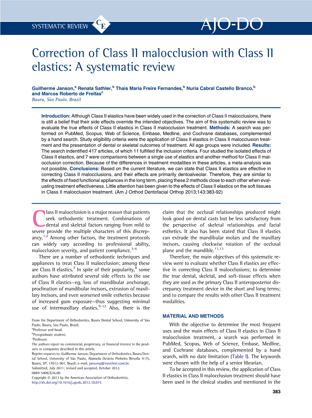 Correction of Class II Malocclusion with Class II Elastics: a Systematic Review