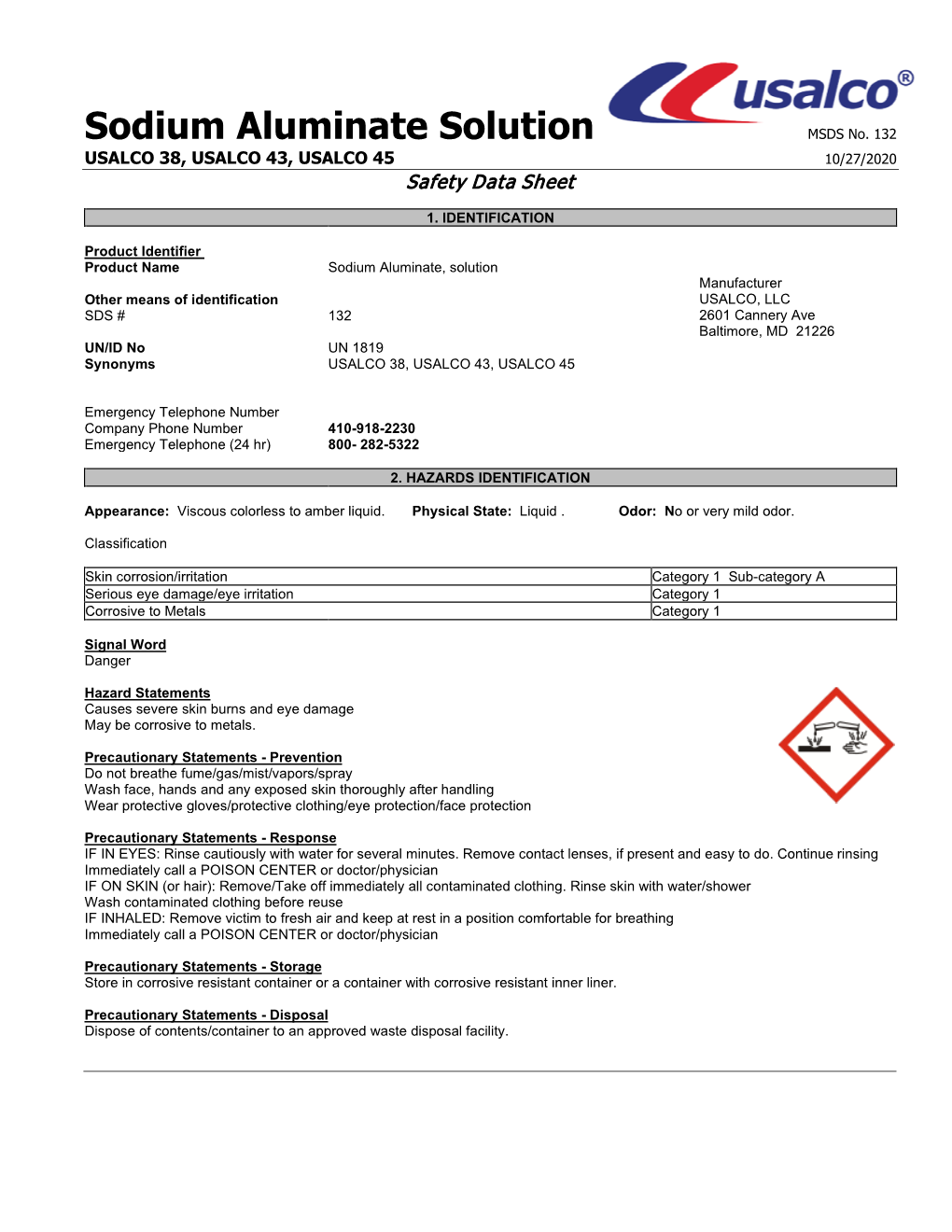 Sodium Aluminate Solution MSDS No