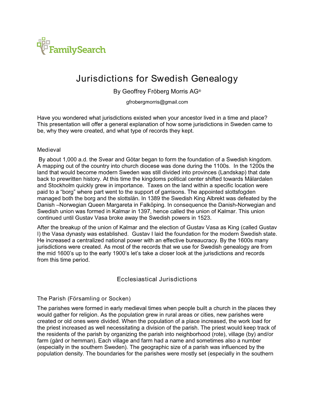 Jurisdictions for Swedish Genealogy