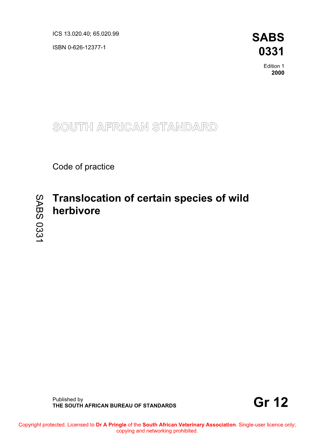 Translocation of Certain Species of Wild Herbivore