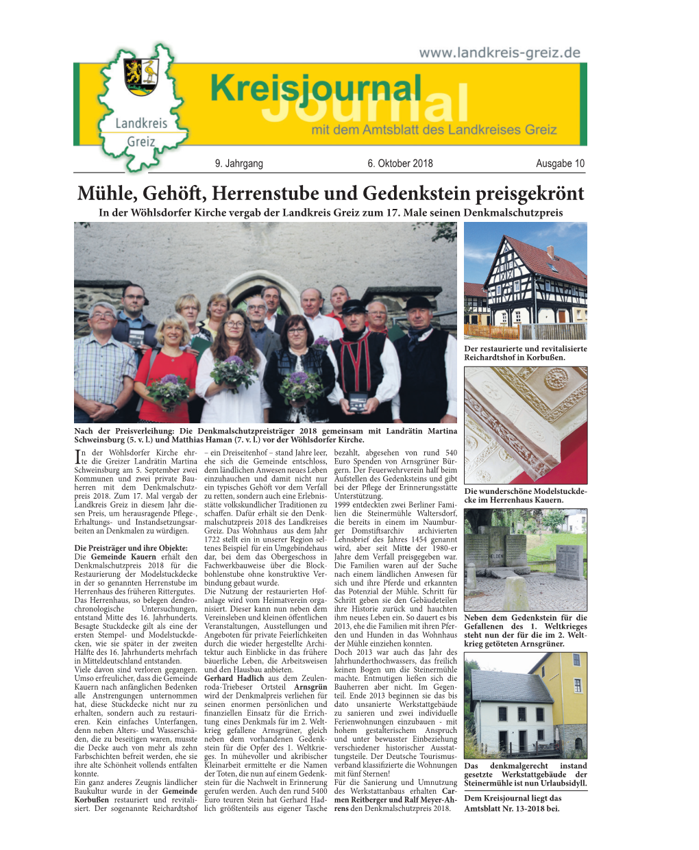 Mühle, Gehöft, Herrenstube Und Gedenkstein Preisgekrönt in Der Wöhlsdorfer Kirche Vergab Der Landkreis Greiz Zum 17