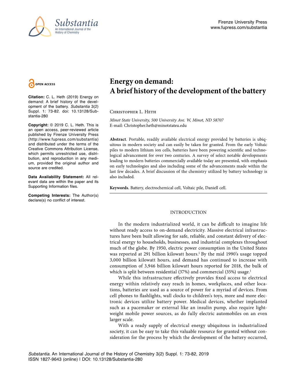 Energy on Demand: a Brief History of the Development of the Battery Citation: C