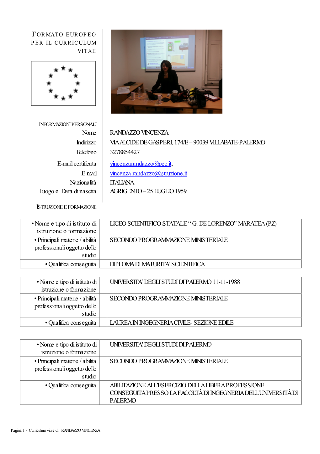 Nome RANDAZZO VINCENZA Indirizzo VIAALCIDEDEGASPERI,174/E– 90039 VILLABATE-PALERMO Telefono 3278854427 E-Mail Certificata