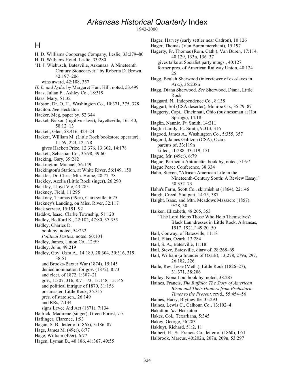 Arkansas Historical Quarterly Index H