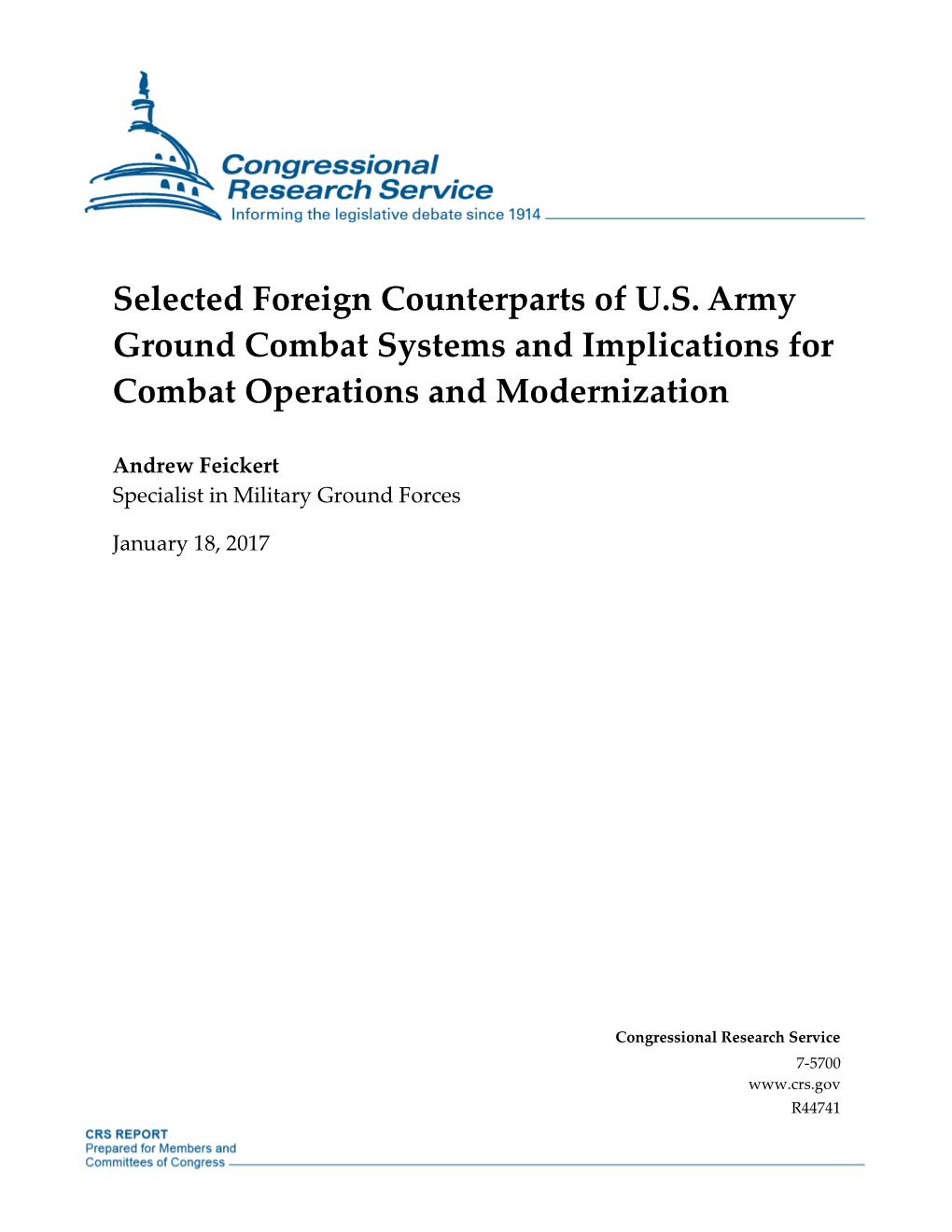 Selected Foreign Counterparts of U.S. Army Ground Combat Systems and Implications for Combat Operations and Modernization