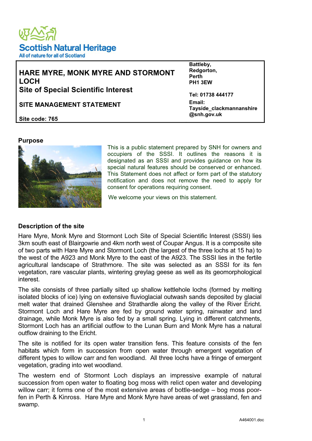 Hare Myre, Monk Myre and Stormont Loch Site of Special Scientific Interest (SSSI) Lies 3Km South East of Blairgowrie and 4Km North West of Coupar Angus