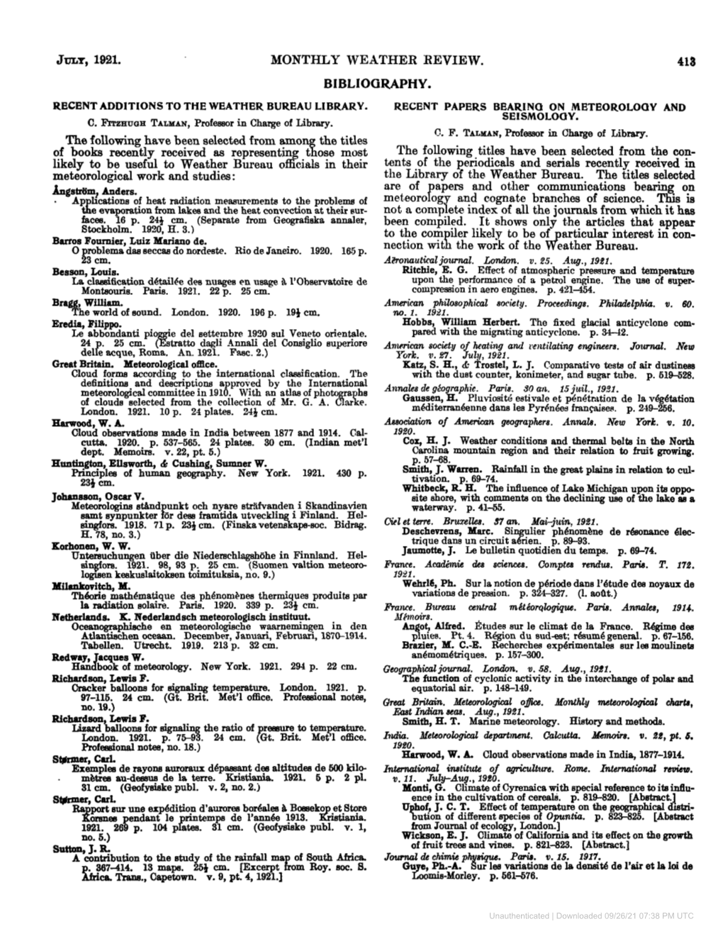 July, 1921. Monthly Weather Review