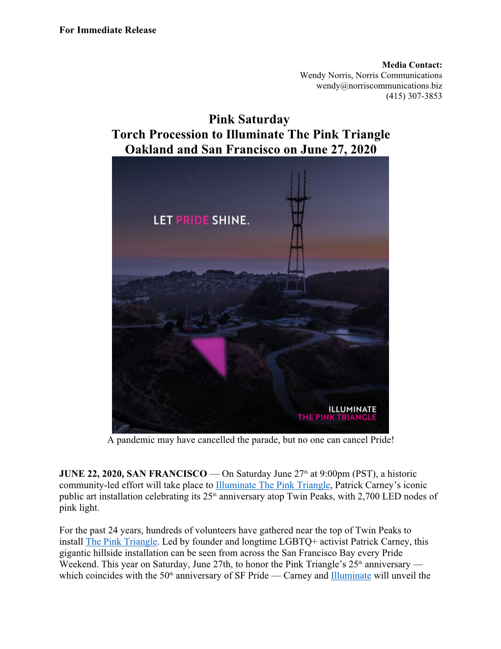 Pink Saturday Torch Procession to Illuminate the Pink Triangle Oakland and San Francisco on June 27, 2020