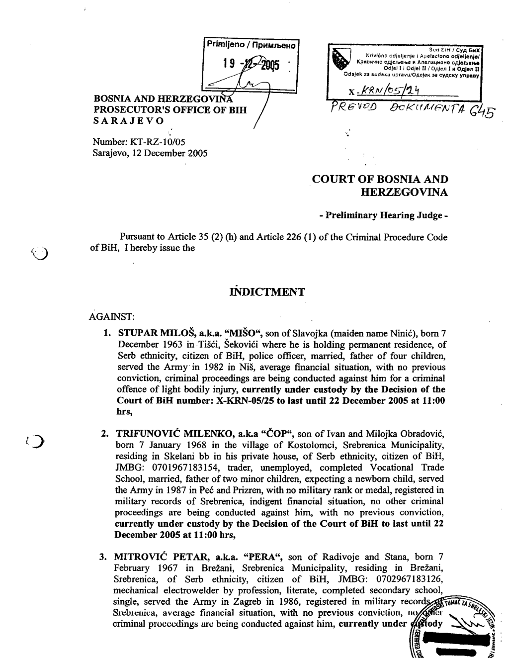 Court of Bosnia and Herzegovina Indictment