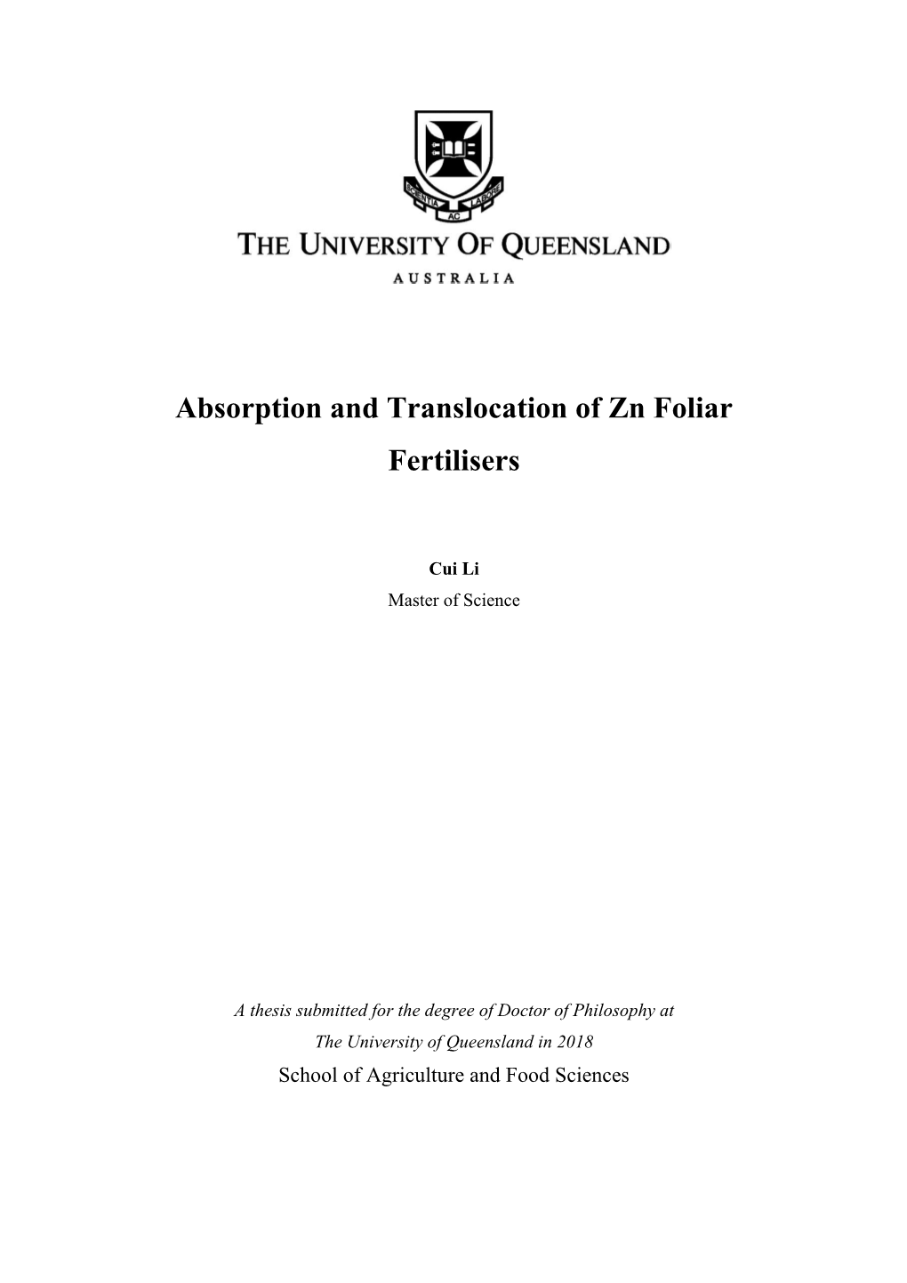Absorption and Translocation of Zn Foliar Fertilisers