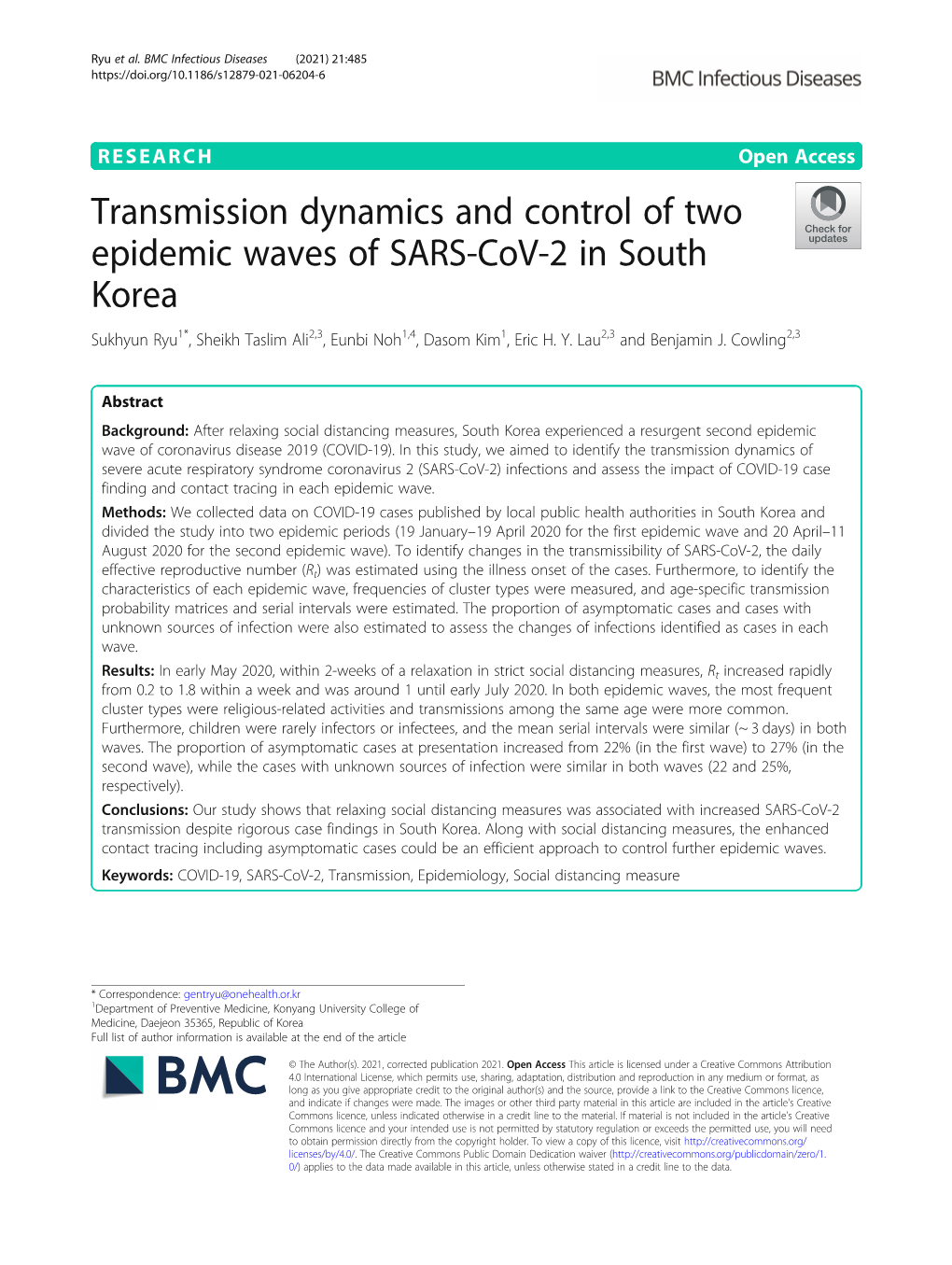 Transmission Dynamics and Control of Two Epidemic Waves of SARS-Cov-2 in South Korea Sukhyun Ryu1*, Sheikh Taslim Ali2,3, Eunbi Noh1,4, Dasom Kim1, Eric H