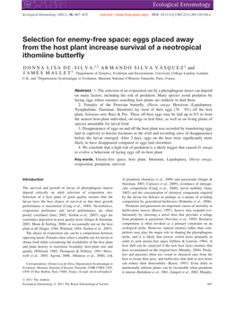 Eggs Placed Away from the Host Plant Increase Survival of a Neotropical Ithomiine Butterﬂy