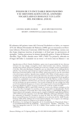 FOLIOS DE UN INCUNABLE DESCONOCIDO Y SU IDENTIFICACIÓN CON EL ANÓNIMO VOCABULARIO EN ROMANCE Y EN LATÍN DEL ESCORIAL (F.II.10) H