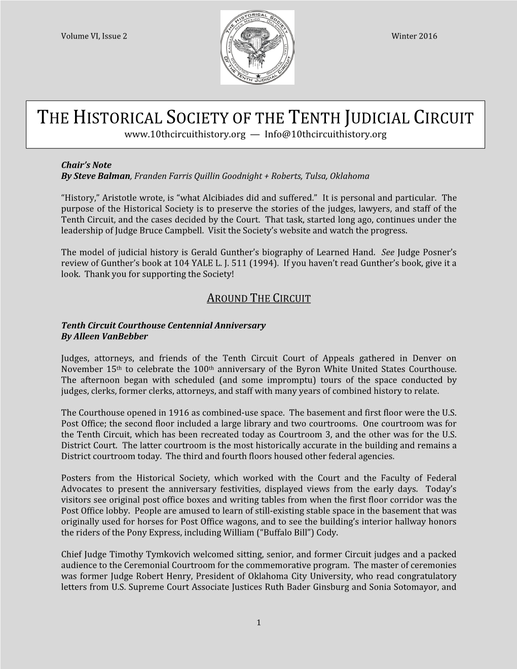 THE HISTORICAL SOCIETY of the TENTH JUDICIAL CIRCUIT — Info@10Thcircuithistory.Org
